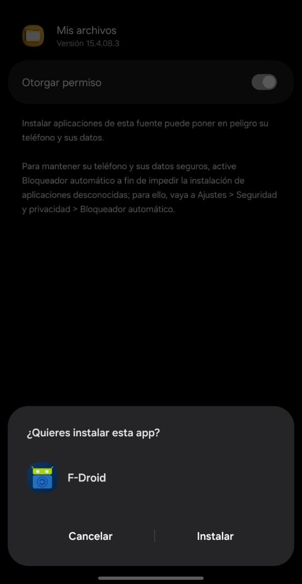 Confirmar la instalación de F-Droid