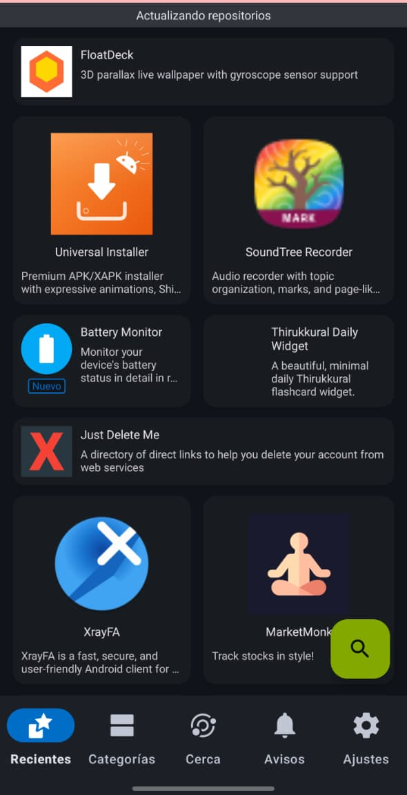 Menú principal de la aplicación F-Droid
